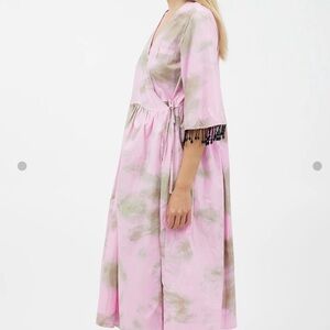 GANNI Pink Tie-Dye Wrap Midi Dress with Beaded Sleeve - Women